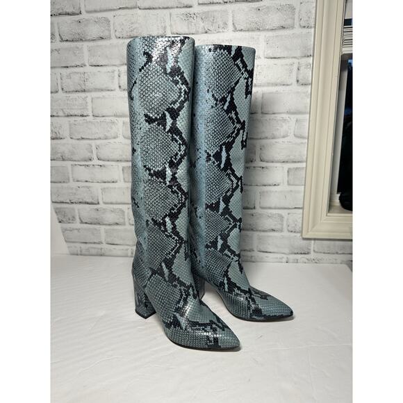 Paris Texas Knee High Blue Python embossed leather boots Block Heel Size 37 - Picture 6 of 12